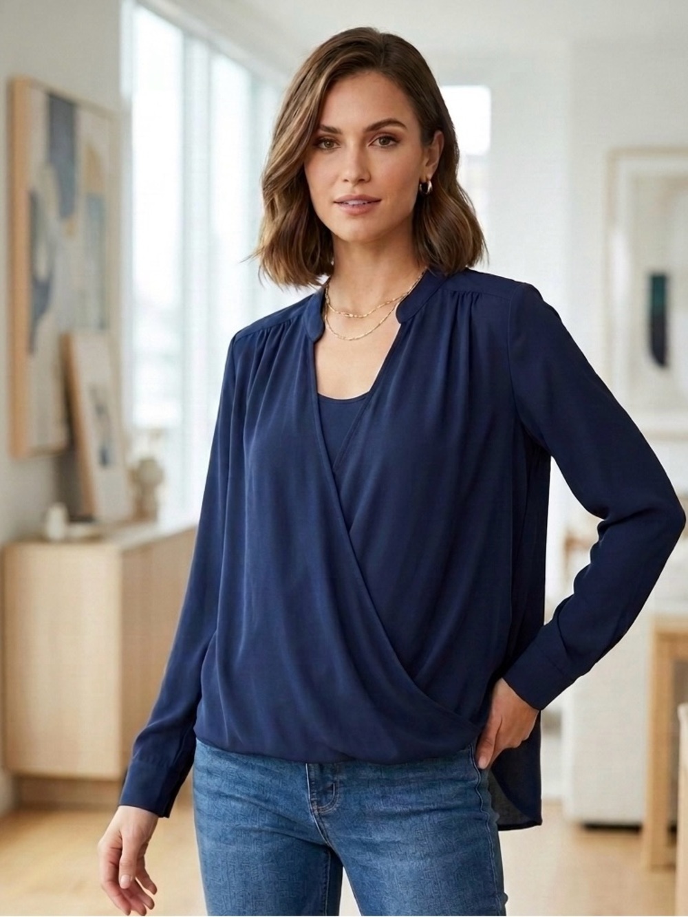 THML Navy Blue S Long Sleeve Surplice Faux Wrap Blouse with built in Camisole